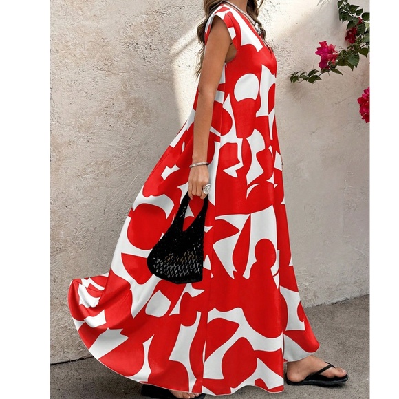 Abstract Geo Print Cap Sleeve V neck Flowy Maxi Dress